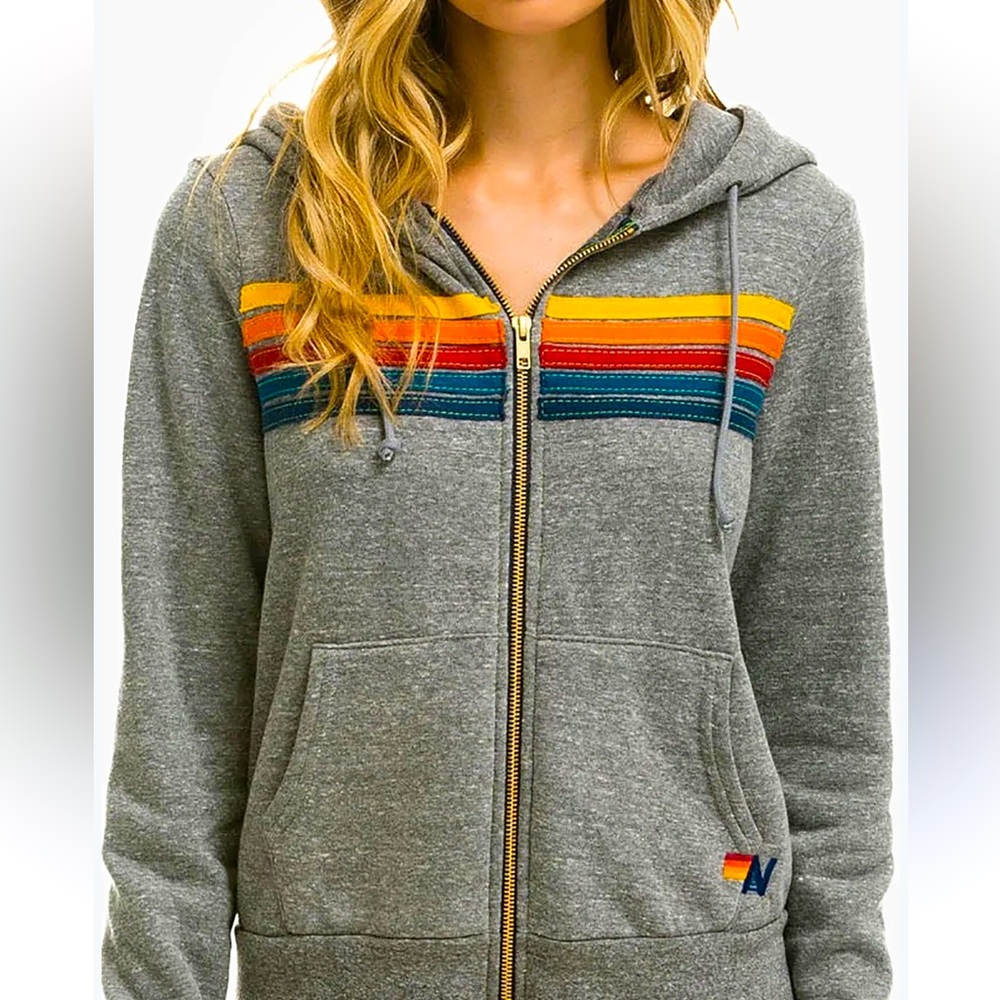AVIATOR NATION 5 Stripe Grey Zip Up Hoodie Sweatshirt Unisex Medium
